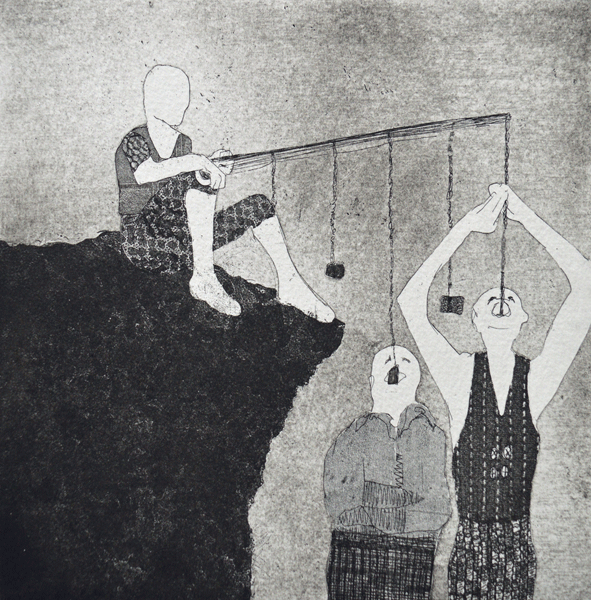 Fishing for an answer. Etching by Angela Smith